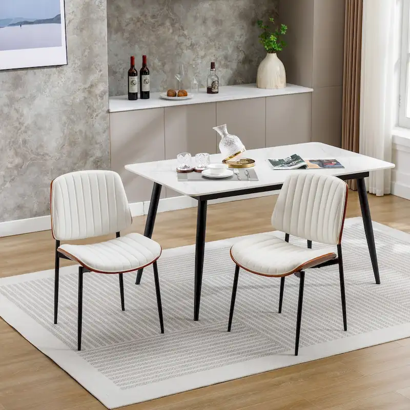 Dining Chairs Set of 2 Mid Century Modern Retro Faux Leather Chair with Bentwood Upholstered Seat Metal Legs Adjustable Foot