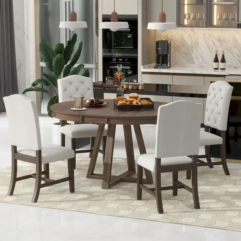 Walnut 5-Piece Wooden Dining Table Set with Expandable Round Table & 4 Chairs