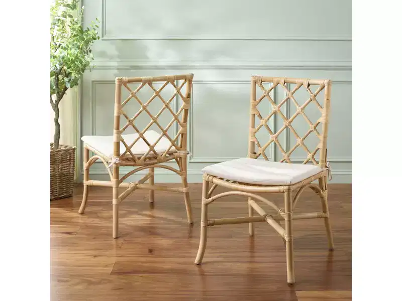 Rattan Dining Chair with Removable Cream Cushion, Natural Finish, Armless — 2-Pack