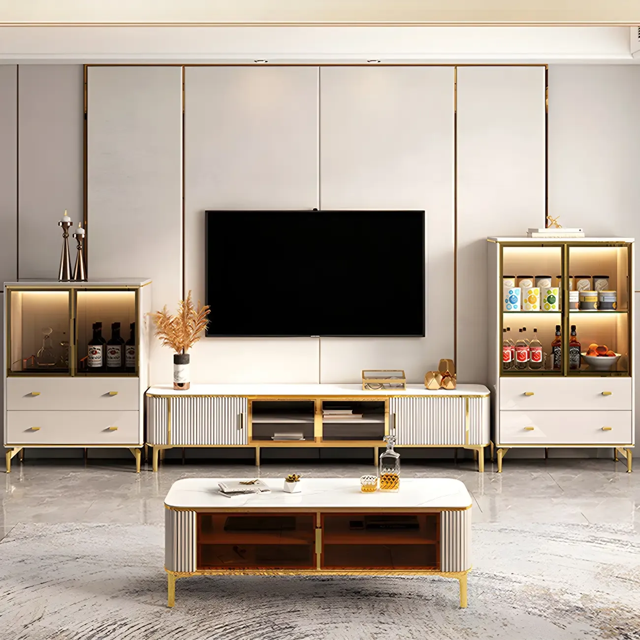 White Wood Gold Legs Adjustable Shelves Display Cabinet