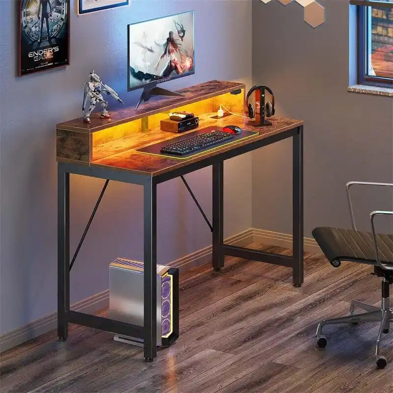 39-Inch Computer Desk with LED Lights and Built-In Power Strip