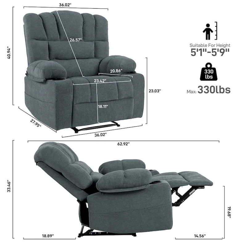 Chenille Manual Recliner Chair with Massage and Lumbar Heating, Dual Cup Holders, Side Pockets
