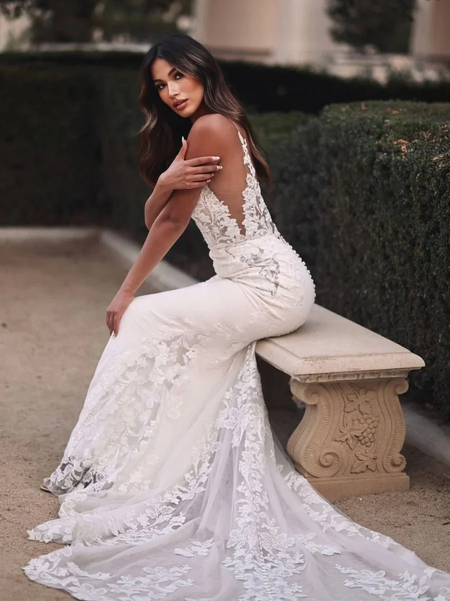 Mermaid V Neck Satin Wedding Dresses with Lace Appliques