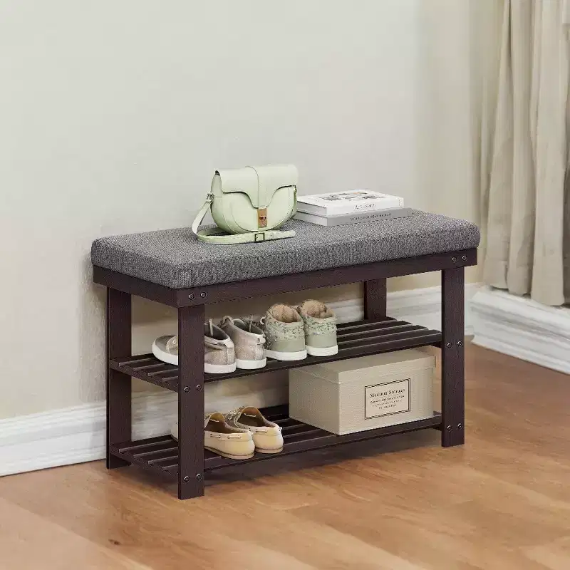 Bamboo Shoe Bench, 3-Tier Shoe Rack, Stable Shoe Organizer for Entryway, Living Room, Bench Seat Holds Up to 330 lb, 11.4 x 28 x 19.3 Inches