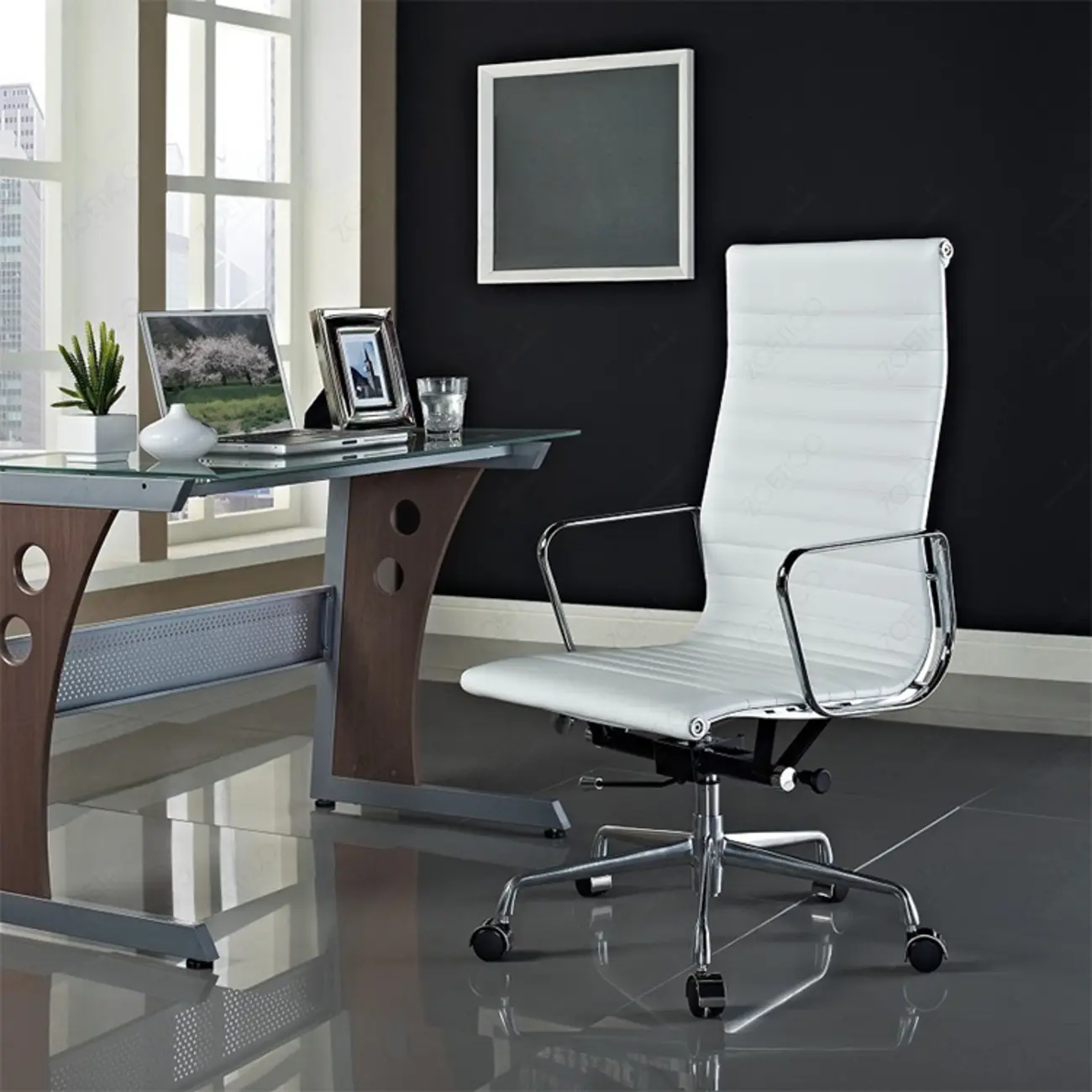 Beige Leather Adjustable High-Back Swivel Office Chair