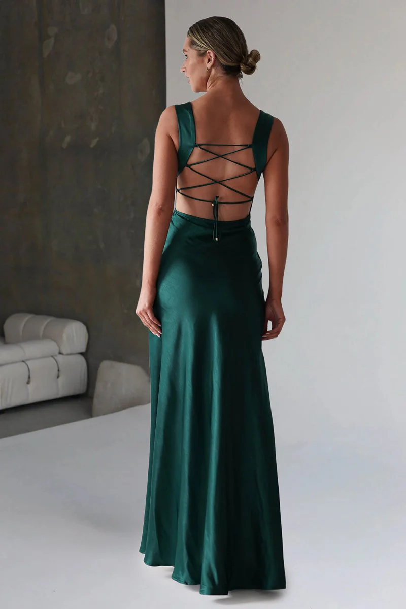 Red A-Line Square Neck Satin Long Prom Dresses with Slit