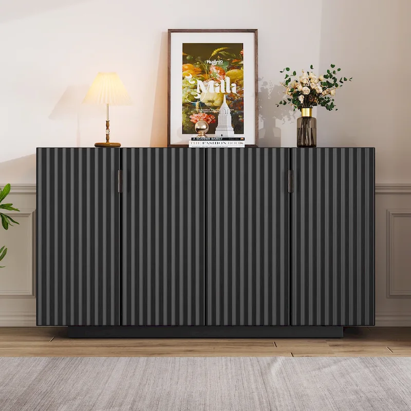 Sideboard Buffet Cabinet with 4 Fluted Doors | Adjustable Shelves, Wooden Storage