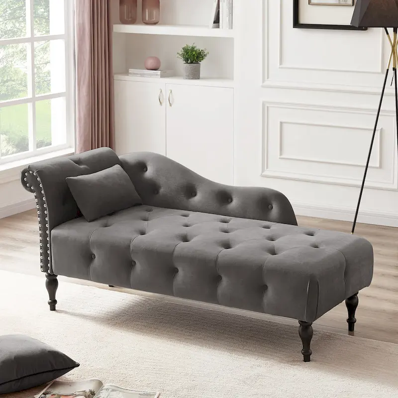 Modern 60.6 Velvet Upholstered Buttons Tufted Chaise Lounge Chair with Solid Wood Legs and Nailheads