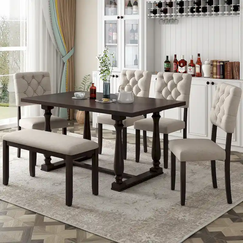 Espresso Retro 6-Piece Dining Set – Table, 4 Chairs & Bench (Seats 6)