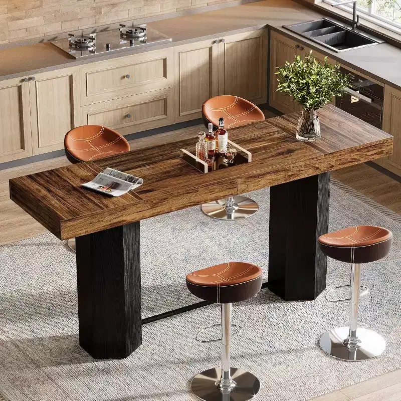 Lantine 70.9-Inch Extra Long Bar Table, Industrial Counter Height Table with Metal Footrest for Kitchen, Dining Room, Pub, Rustic Brown & Black
