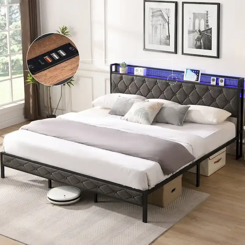 King Size Upholstered Platform Bed Frame with LED Headboard and Storage Shelf