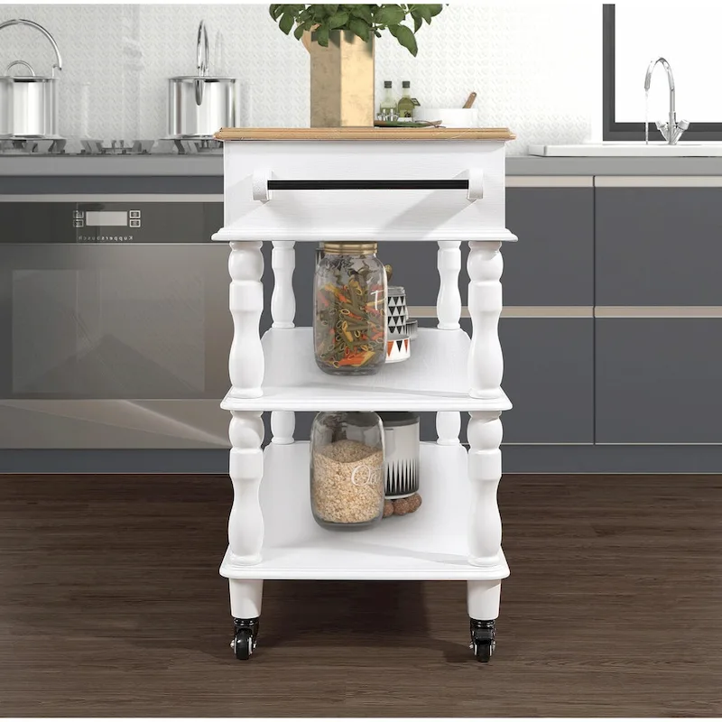 Rolling Kitchen Island Cart with Solid Oak Wood Top, Wine and Spice Rack