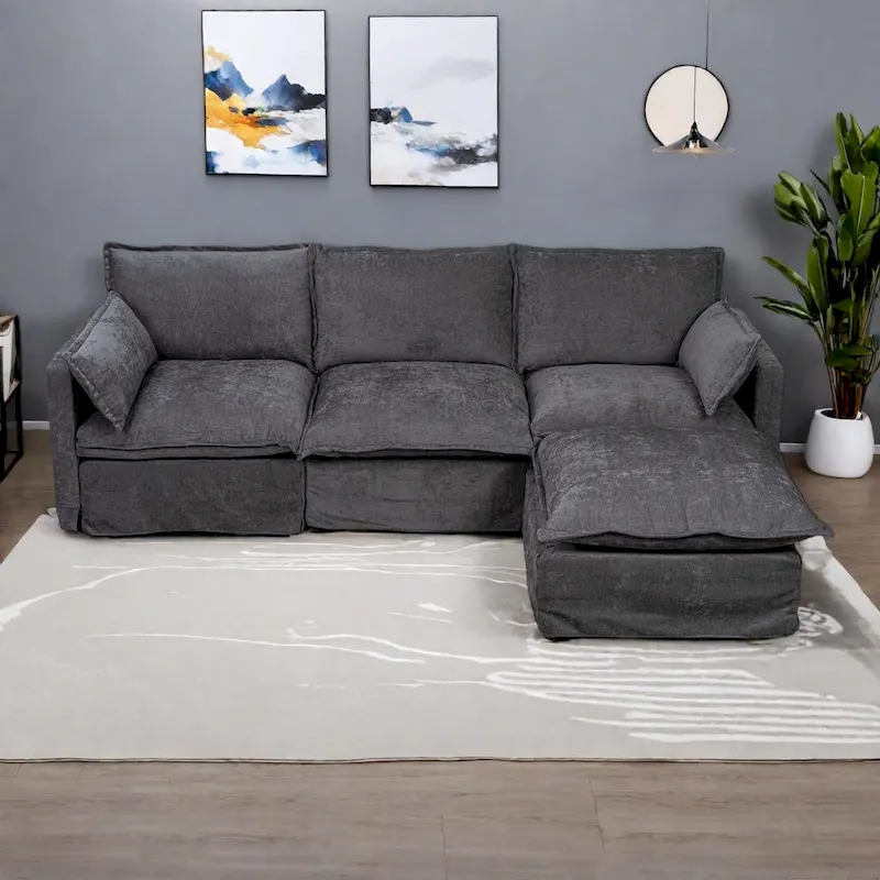 93.31  Faux Linen Modular Sectional Sofa with Movable Ottoman, Solid Wood Frame, and High-Resilience Foam Cushions