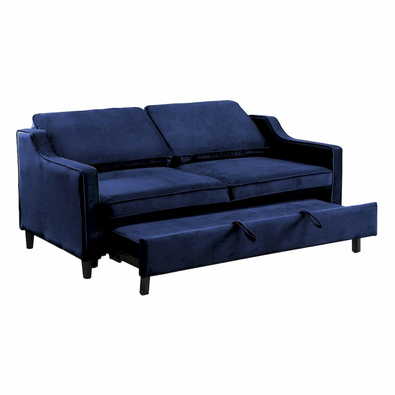 Katy 72 Inch Sleeper Sofa, Convertible Pull Out Bed, Solid Wood Blue Velvet