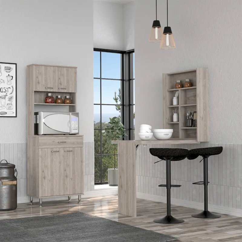 2-Piece Kitchen Storage Set with Pantry Cabinet and Foldable Wall Table, Light Gray
