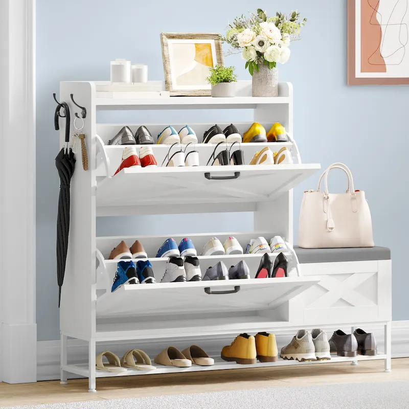 Farmhouse Shoe Storage Cabinet with Shoe Bench Entryway Shoe Storage with 2 Flip Drawers for 16 Pairs - 9.4W  x 47.1 L x 41.3 H