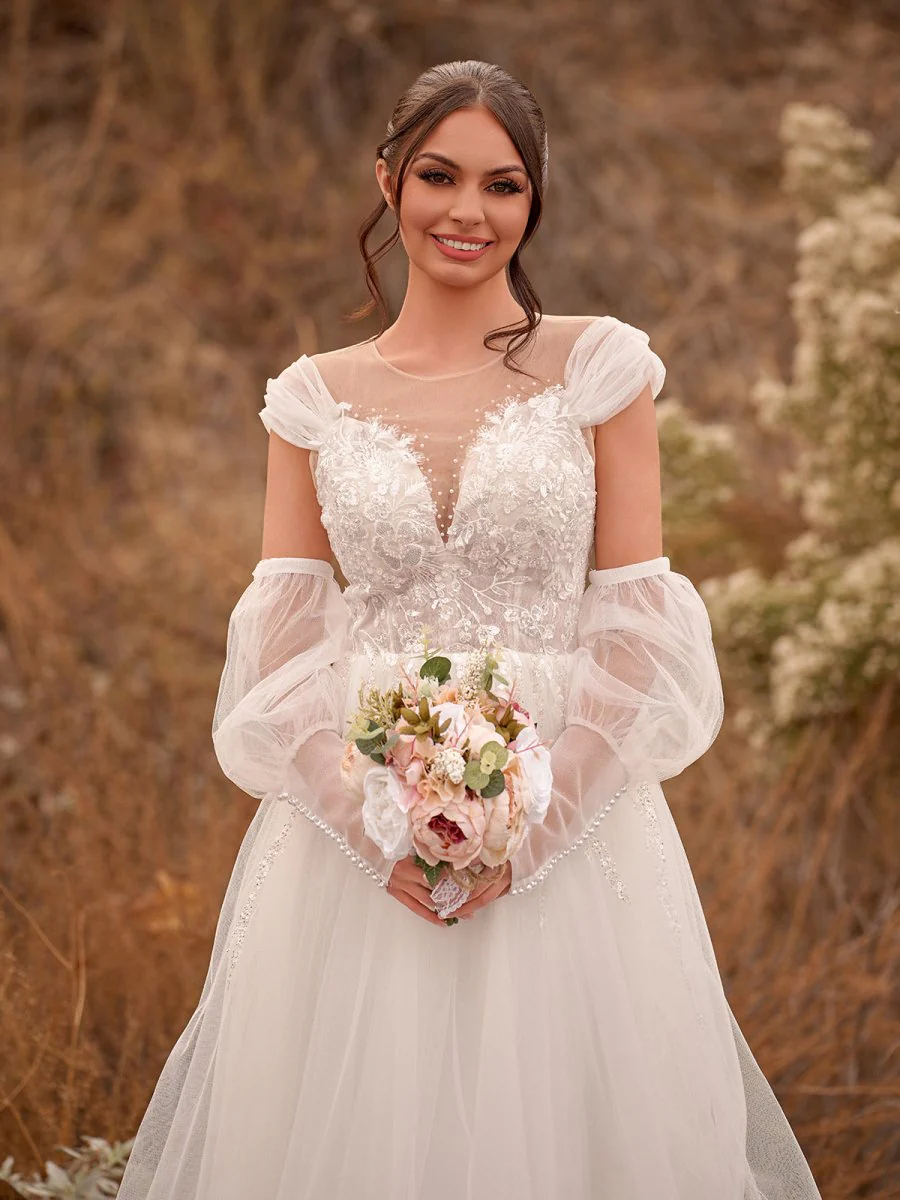 A-Line Sweetheart Long Sleeves Elegant Tulle Wedding Dresses With Appliques Lace