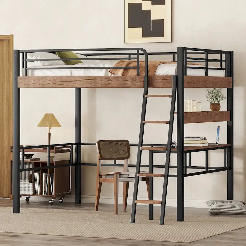 Black Full-Size Metal Loft Bed with Desk, Single