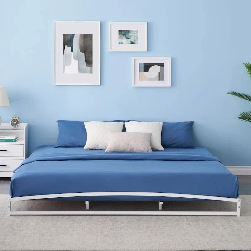White Low Profile Metal Platform Bed Frame with Arch Design - Fits 2 People