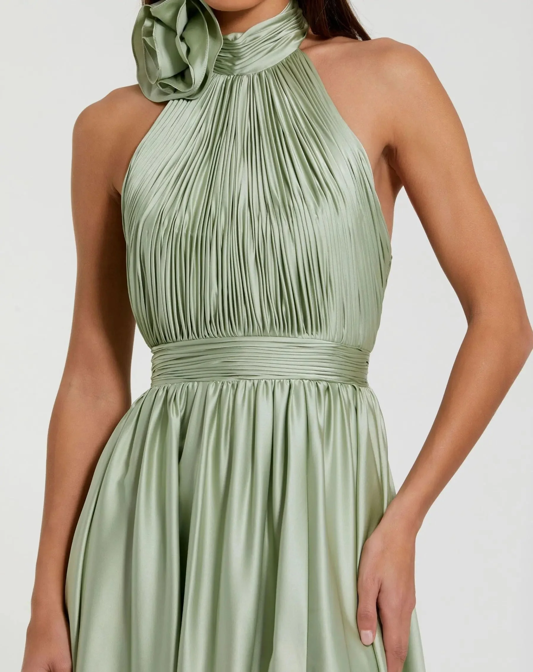 Green Soft Tie Halter Neck High Slit Gown