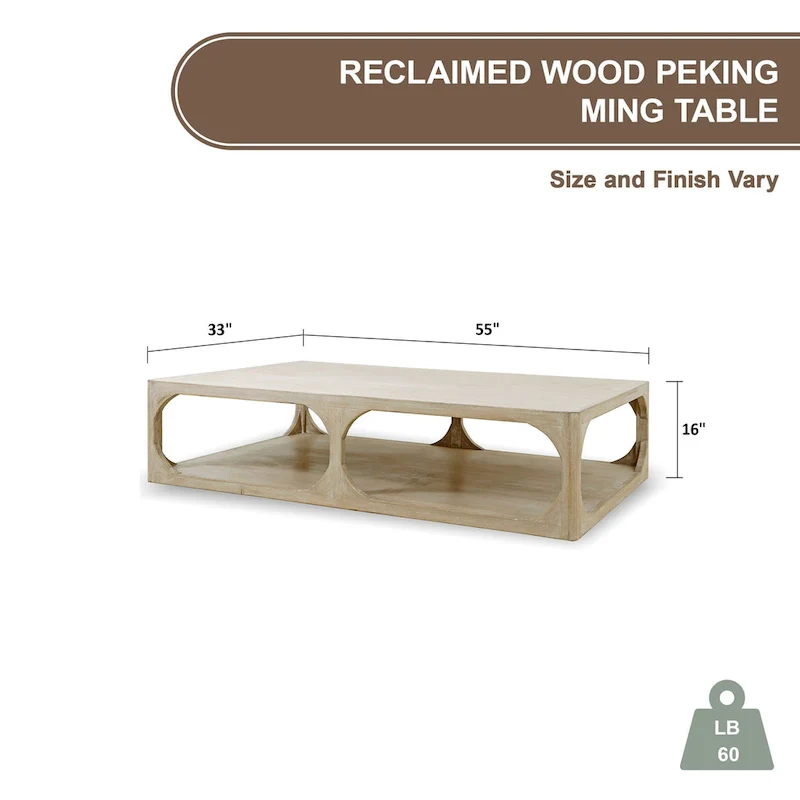 Artissance Reclaimed Wood Peking Ming Coffee Table, Small, 55 Inch Long, Weathered White Wash