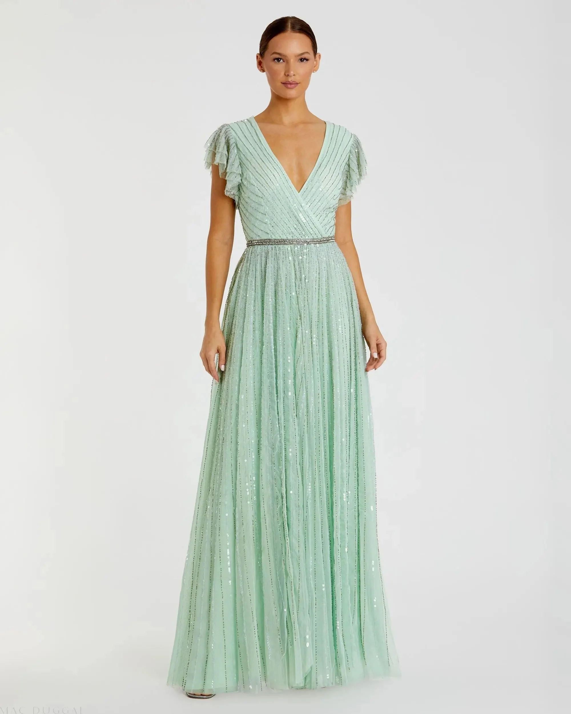 Sequined Wrap Over Ruffled Cap Sleeve Gown