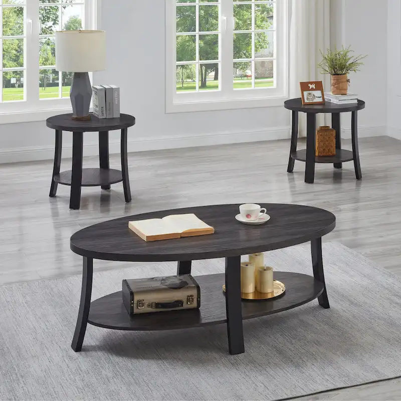 Contemporary Oval Wood Shelf 3-Piece Coffee Table