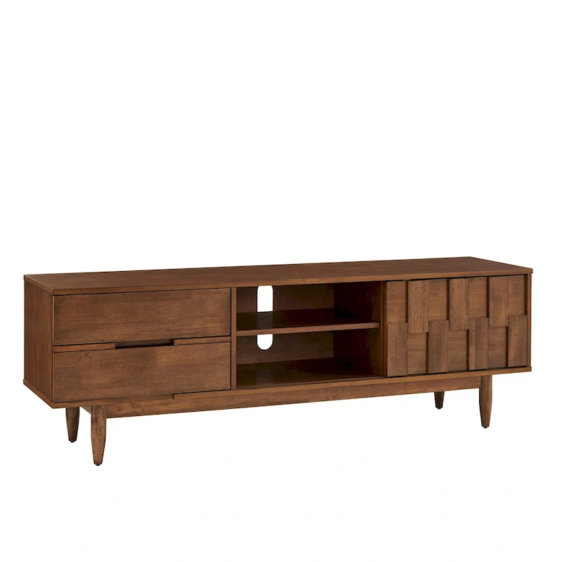 70-Inch Mid-Century TV Stand with 2 Drawers, Sliding Door, Adjustable Shelves - Tobacco Rubberwood Entertainment Center