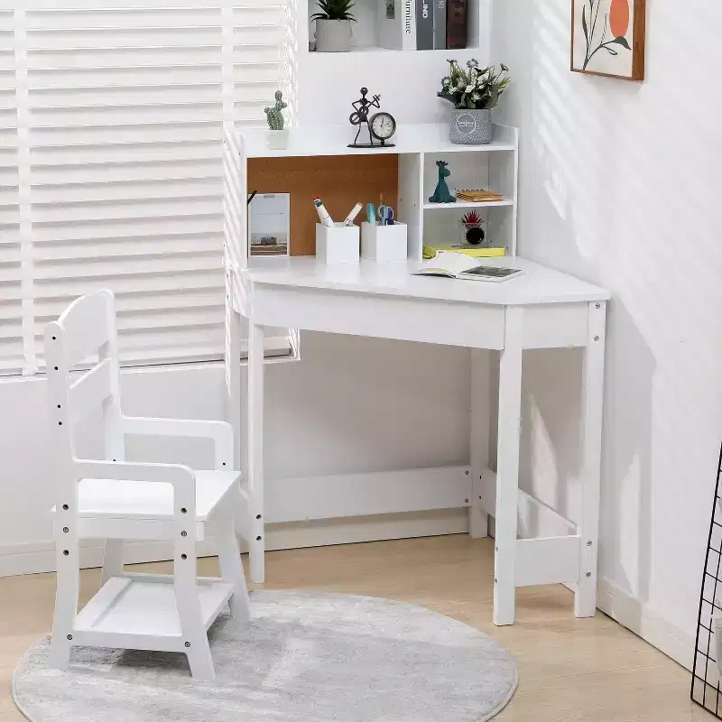 Kids Study Desk and Chair Set, Kids Corner Study Table with Hutch, Adjustable Chair, Cork Board, White Children Desk Chair Set