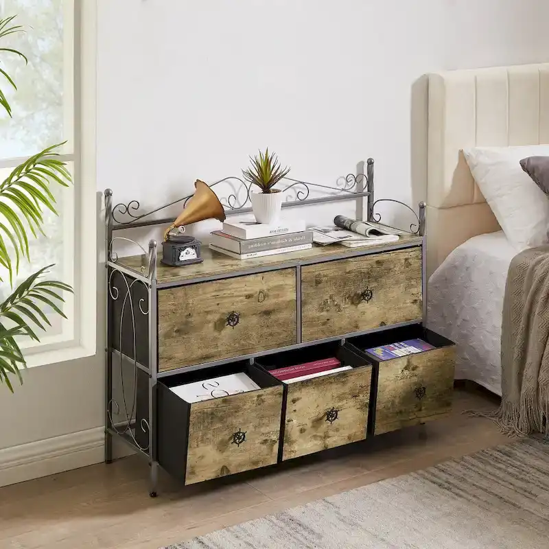 4-Pieces Bedroom Set with Drawer and Nightstands Set of 2, 5-Drawer Dresser, Brown/Grey Set