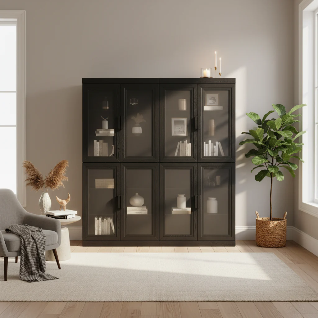 2Pc Glass Door Kitchen Pantry Storage Cabinet Set