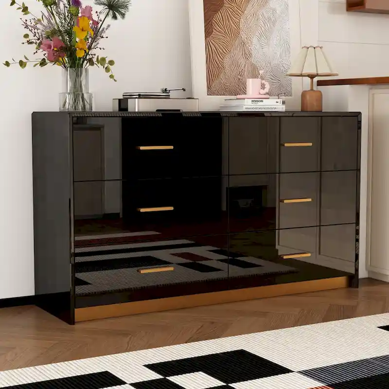 6-Drawer Double Dresser, High-Gloss Finish, Gold Handles & Base, Metal Drawer Slides, Anti-Tip Device, Black, 1-Person Use