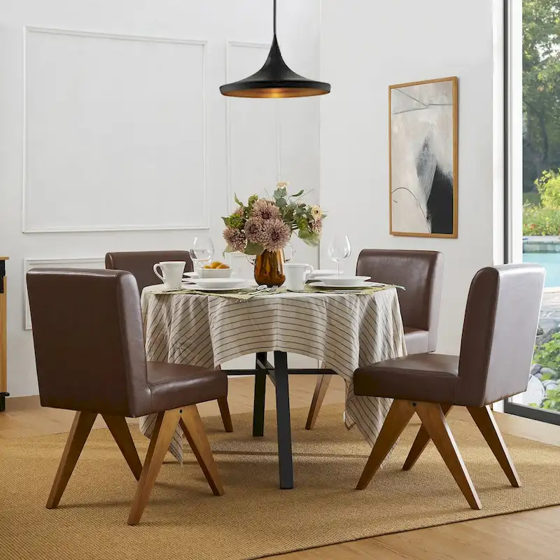 Brown/Black Mid-Century PU Leather Dining Chair with V-Shaped Wood Legs (Set of 2 or 4)