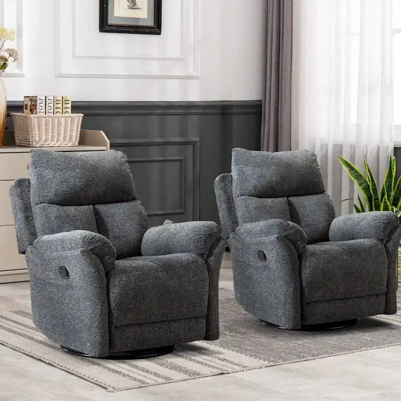 Grey/Silver/Smoke Grey Swivel Rocker Fabric Recliner Chair, Manual Reclining, Single Seat