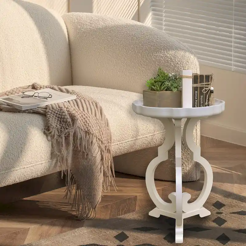 Wood Side Table with Scalloped Tray Top and Curved Legs