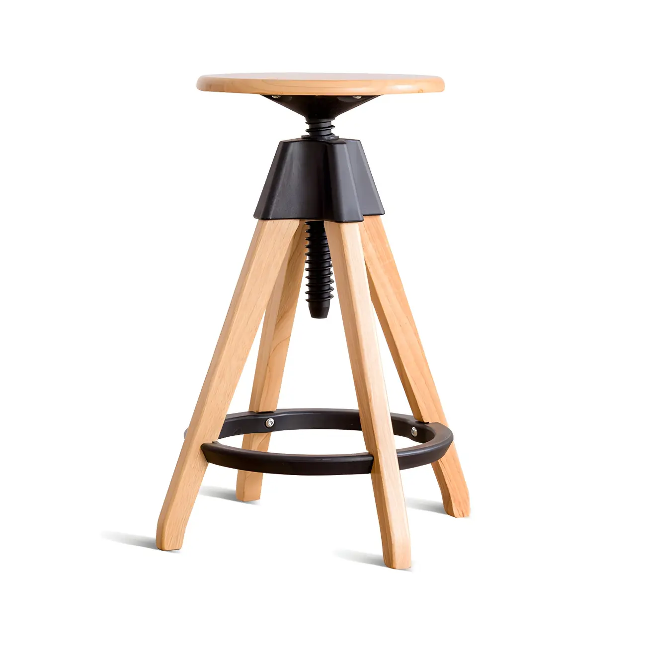 Adjustable Brown Wooden Swivel Backless Bar Stools