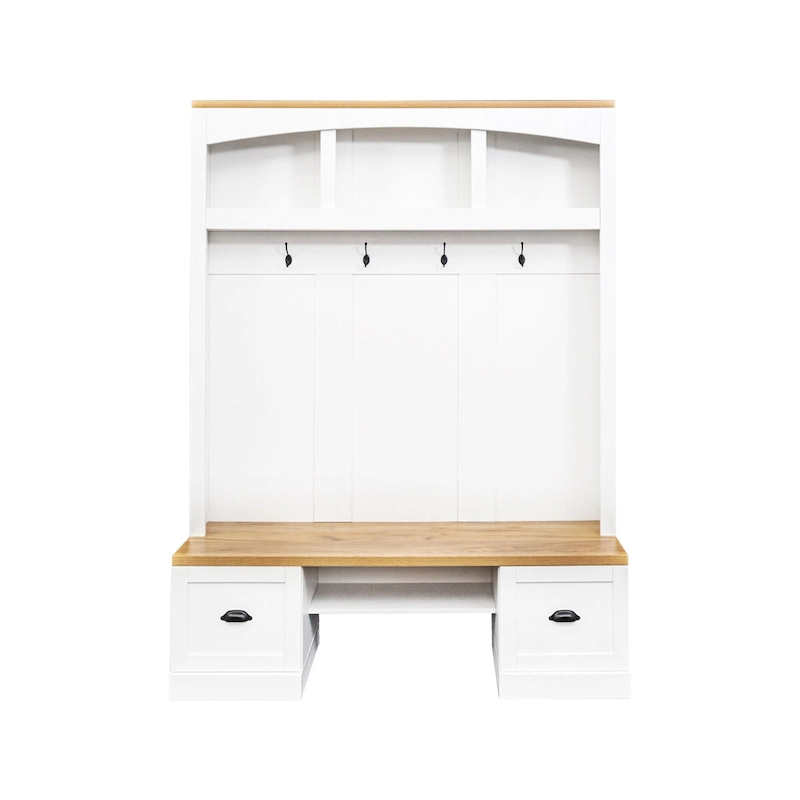 Farmhouse Hall Tree with Wood Grain Bench, Hooks and Bottom Cabinets