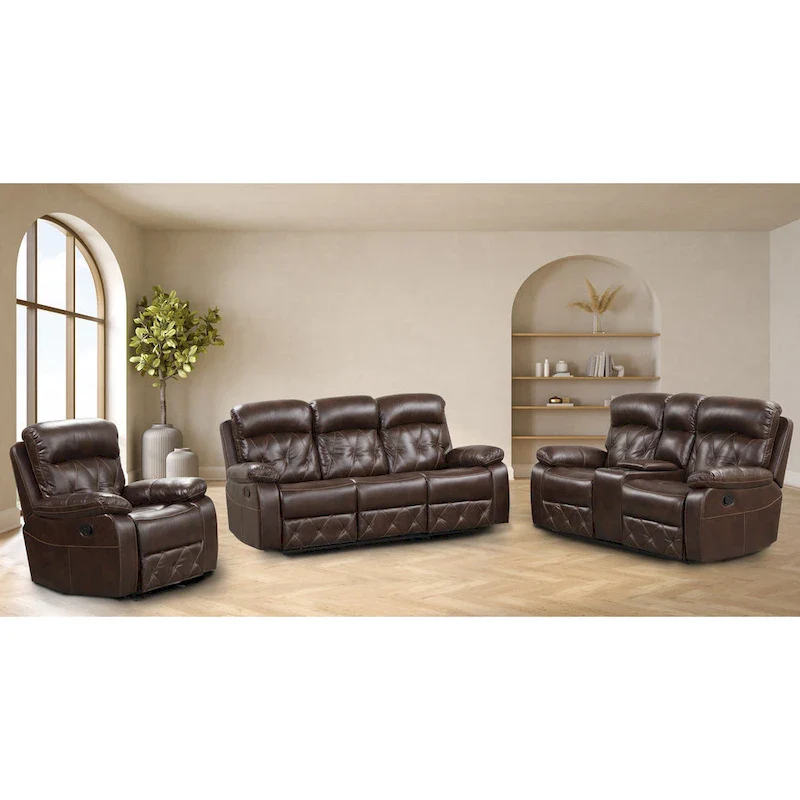 Owen 3-Piece Brown Breathable Leather Manual Reclining Sofa Set