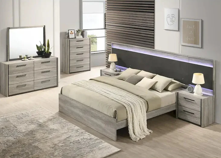 LED Wallbed with Nightstands, Dresser, Mirror, and Chest - Weathered Gray
