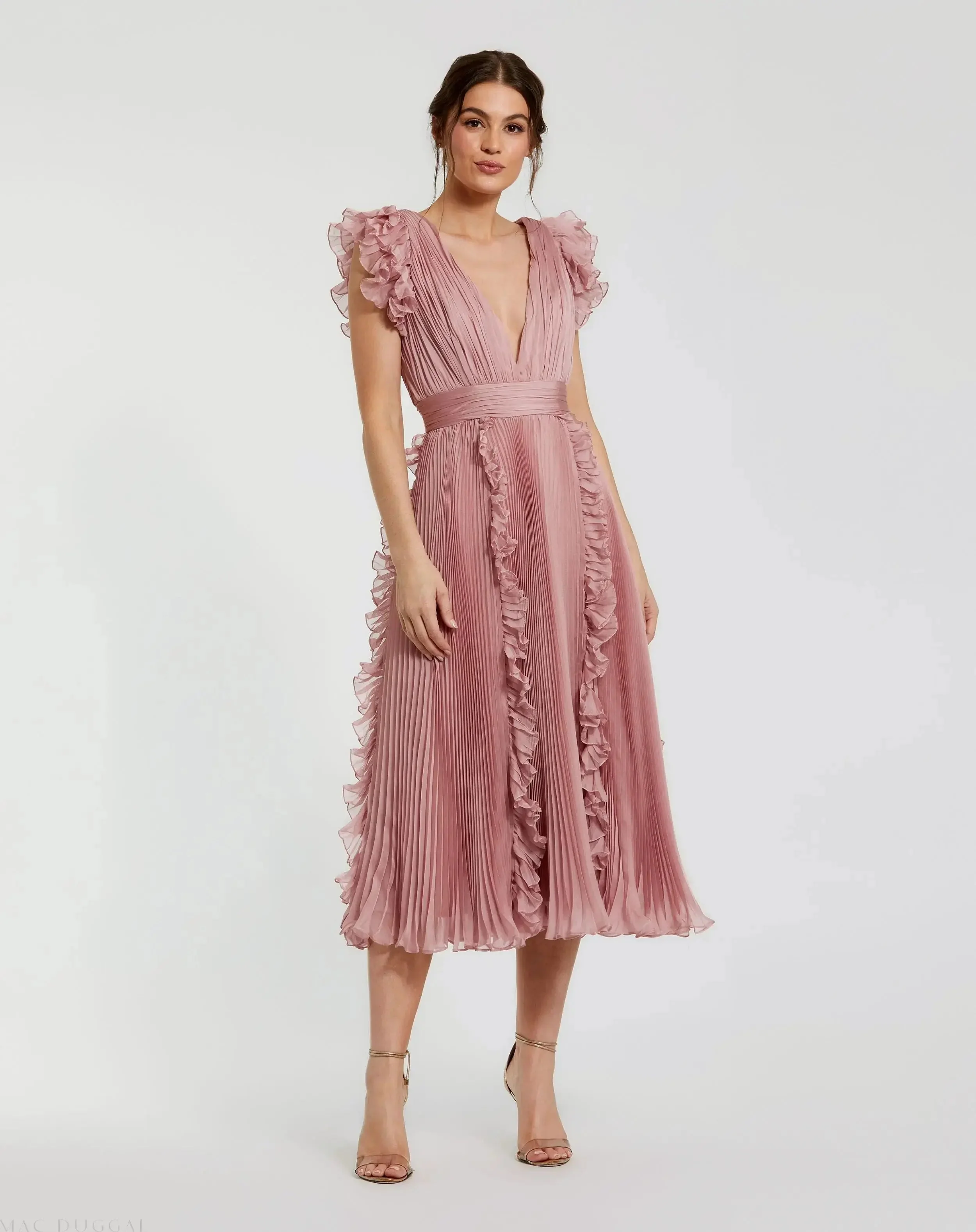Pleated Chiffon V Neck Ruffle Midi Dress