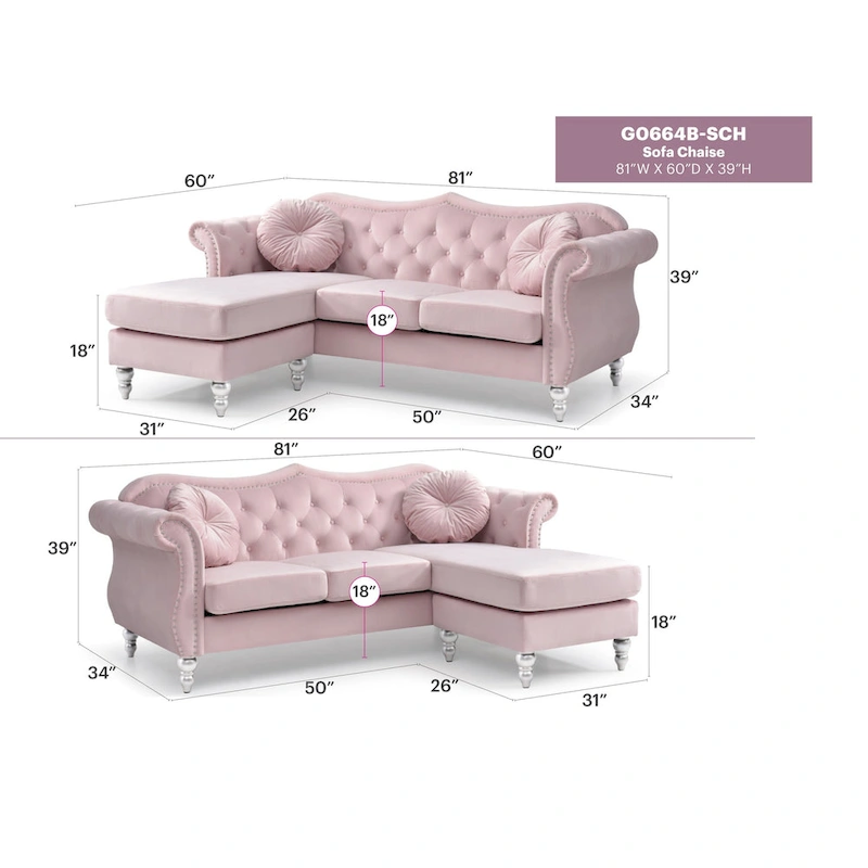 Hollywood 81 in. Velvet Chesterfield Sectional Sofa with 2-Throw Pillow - 81L x 35W x 34H