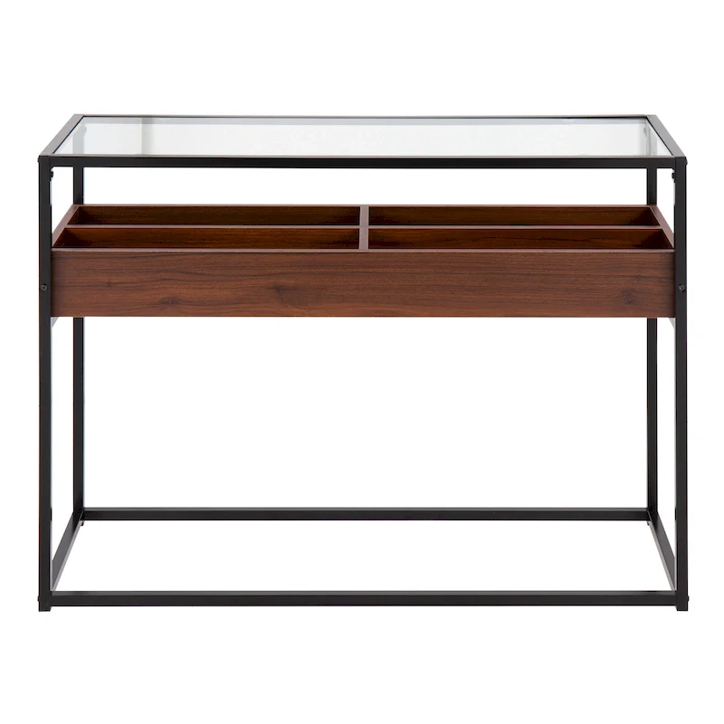 Walnut and Black / Natural and White Tempered Glass Top Console Table with Wood Storage Compartments – 43.25 in