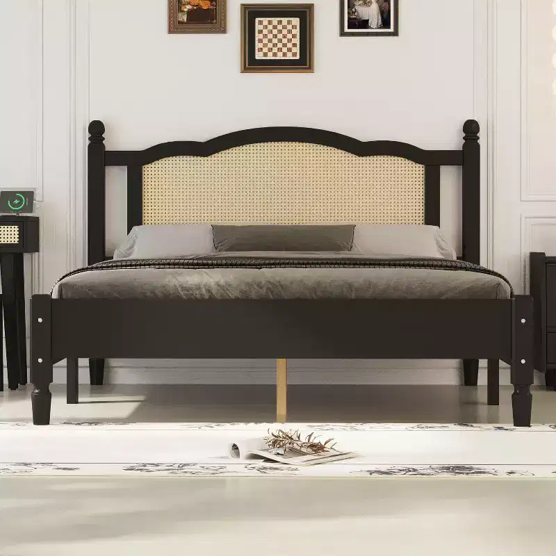 Queen/Full Size Wooden Platform Bed with Natural Rattan Headboard, Vintage Bed Frame with Wooden Slat Support 4B - ModernLuxe