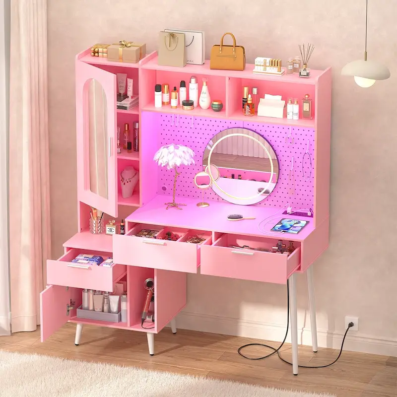 Makeup Vanity with Pegboard and Hutch, Bedroom Vanity Table with Charge Station and LED Light - N/A