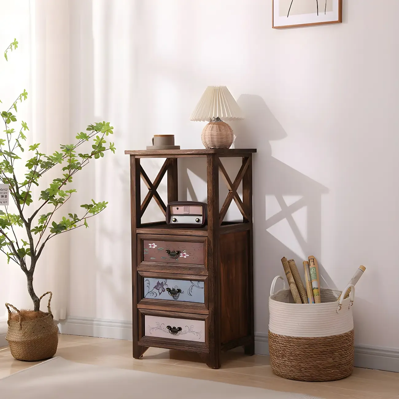 Industrial Rectangular Brown Wooden Drawer Cabinet