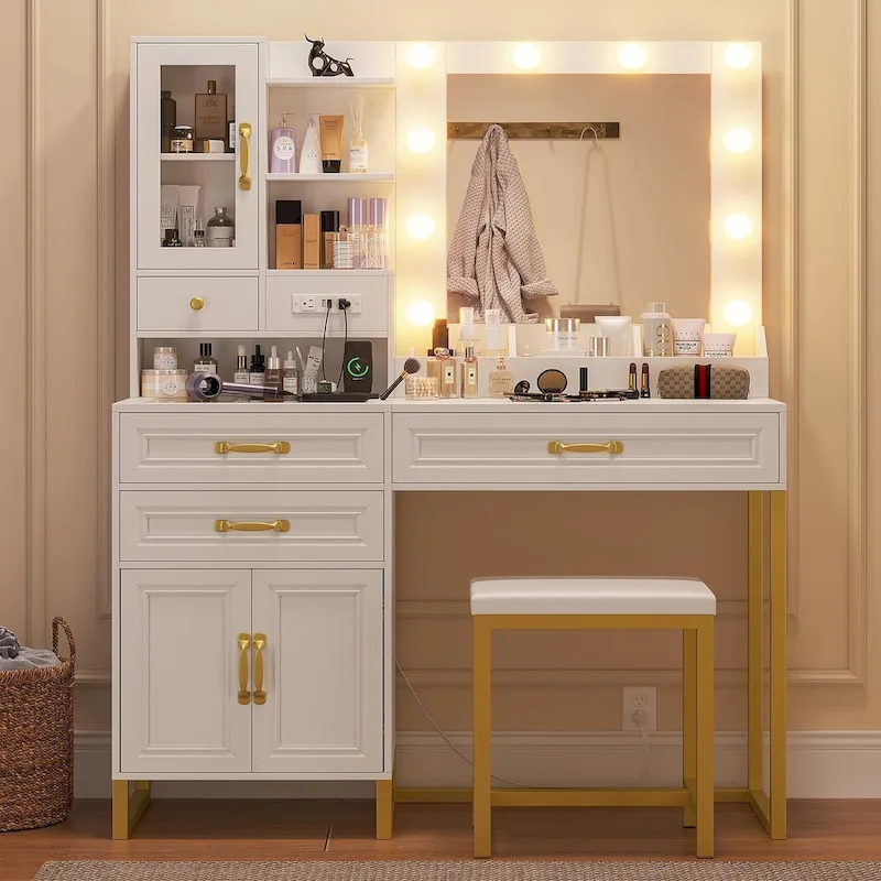 Vanity Desk with 10 LED Lighted Mirror, Bench, Charging Station, Glass Top, Drawers & Cabinet - Makeup Dressing Table Set