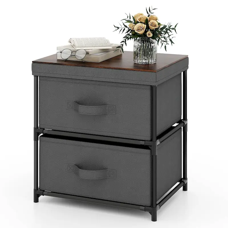 Grey 2-Drawer Nightstand, Industrial Style, Single Bedside Table