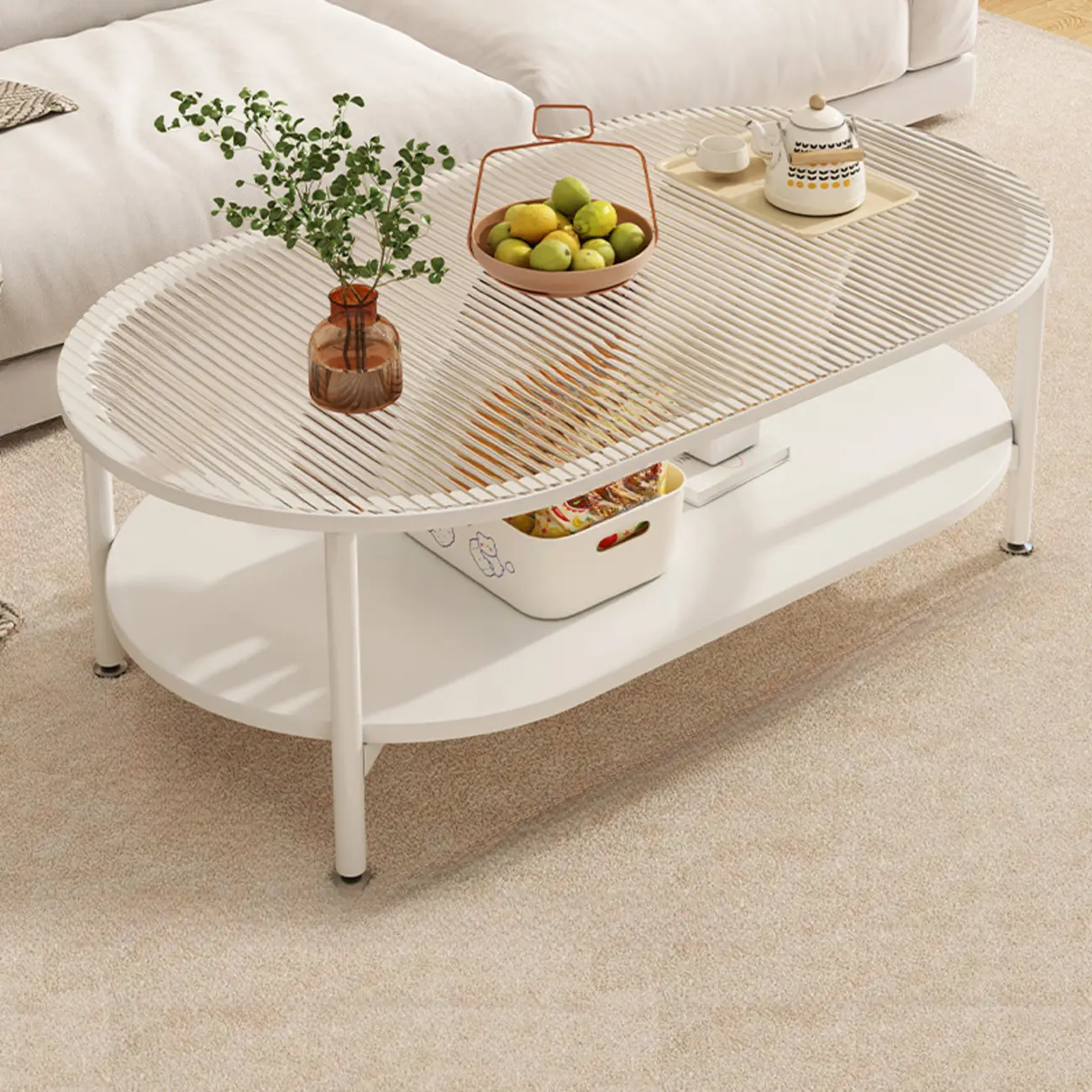 Modern White Rectangle Glass Coffee Table with Shelf