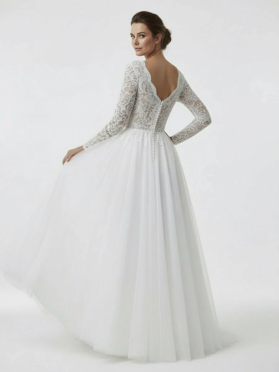 Bohemian Long Sleeves Lace Button Back A Line Modest Wedding Dresses
