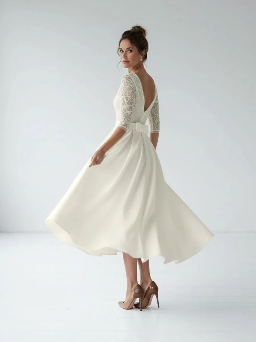 Satin V-neck A Line Tea-length Wedding Dress with Ruching and Sash